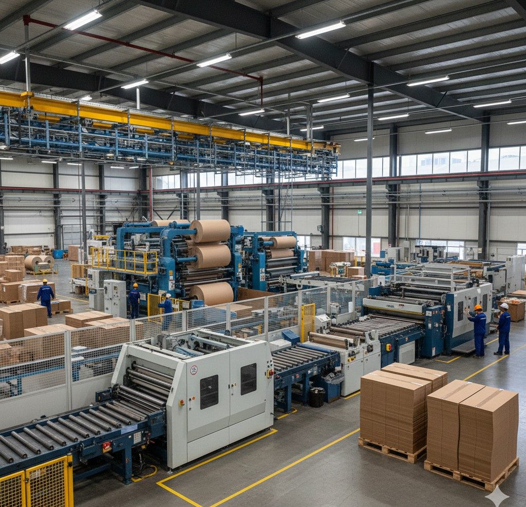 Interior of a packaging facility with machinery and production lines.