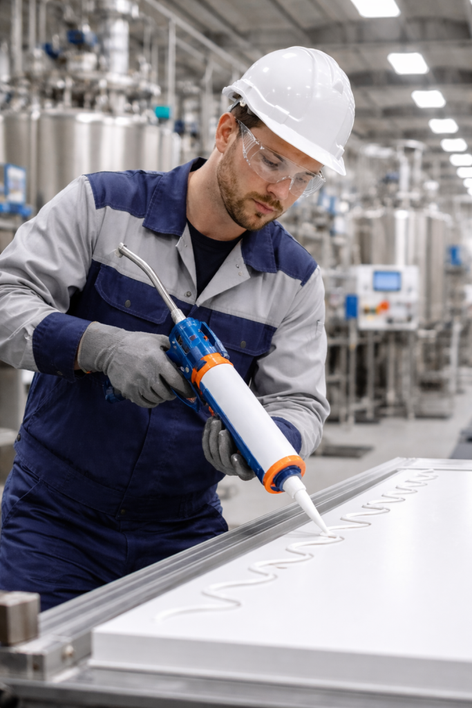 Man applying adhesive solution during product assembly in a manufacturing environment.