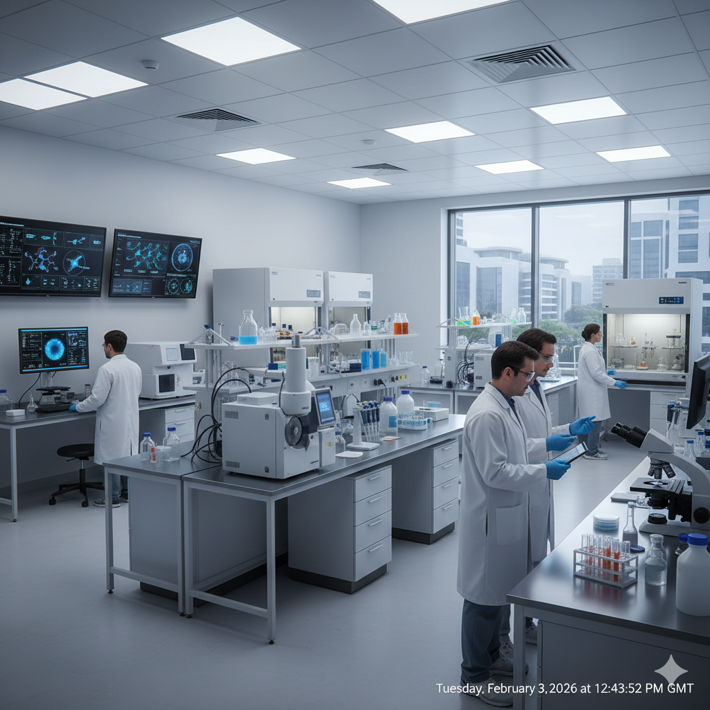 Laboratory team members working in a lab setting with scientific equipment.