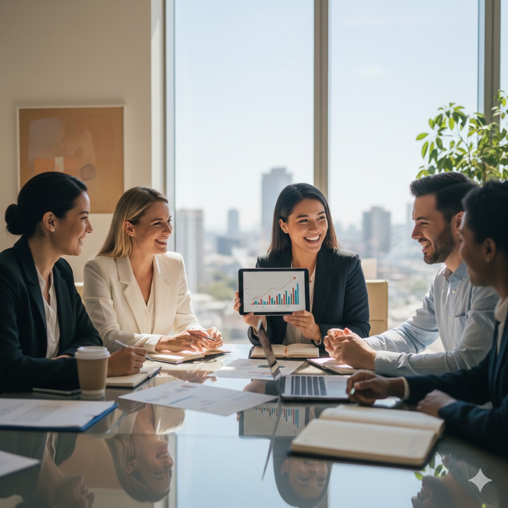 Group of people in a boardroom talking and laughing while viewing a graph on a tablet.